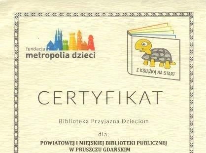 Certyfikat dla „Biblioteki Przyjaznej Dzieciom”